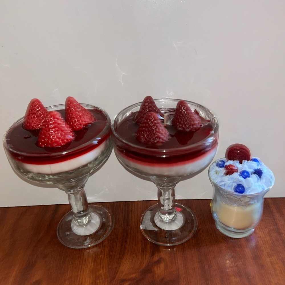 Set of Two Candles Strawberry Shortcake Dessert with Red Strawberry Topping